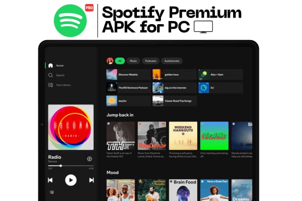 Spotify Premium on a desktop computer with a vibrant abstract background.